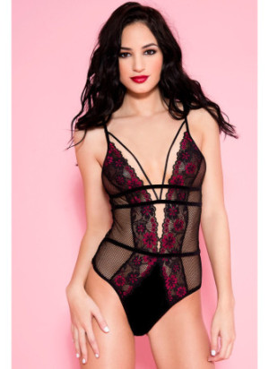 Body noir résille sexy bordures dentelle fleurie et ornements - ML80022BHP